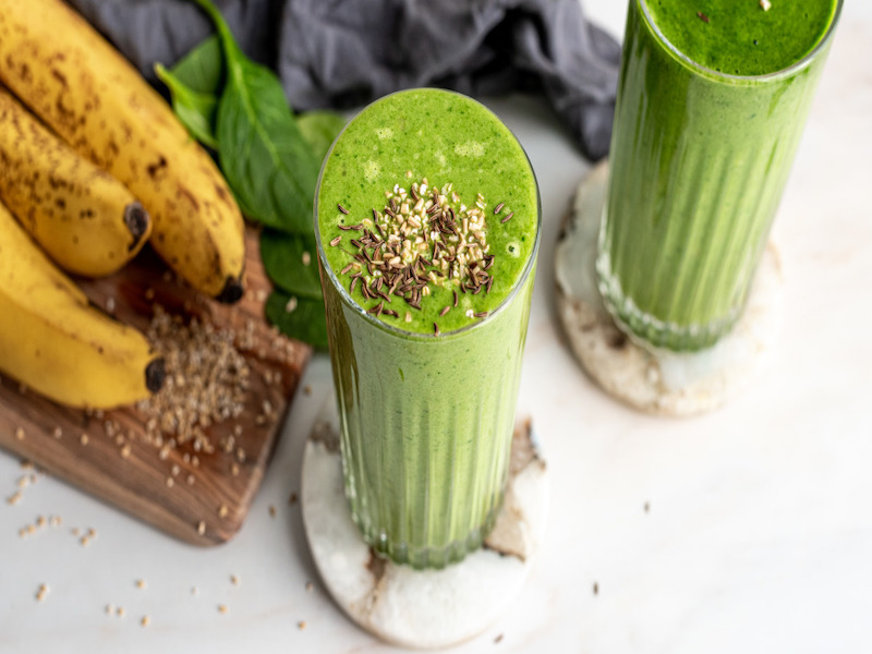 Smoothie with greens, banana, and almond milk.